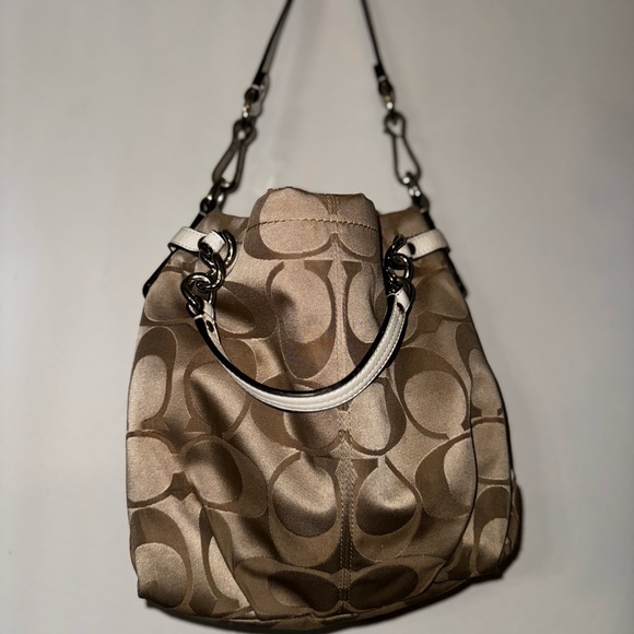 Coach Handbags - Coach Cream Metallic East West Handbag with White Leather Trim